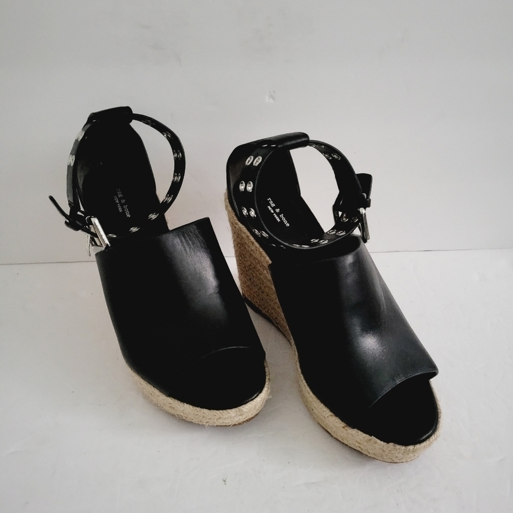 rag & bone Black Leather Espadrille Wedge Sandals with Ankle Stud Strap